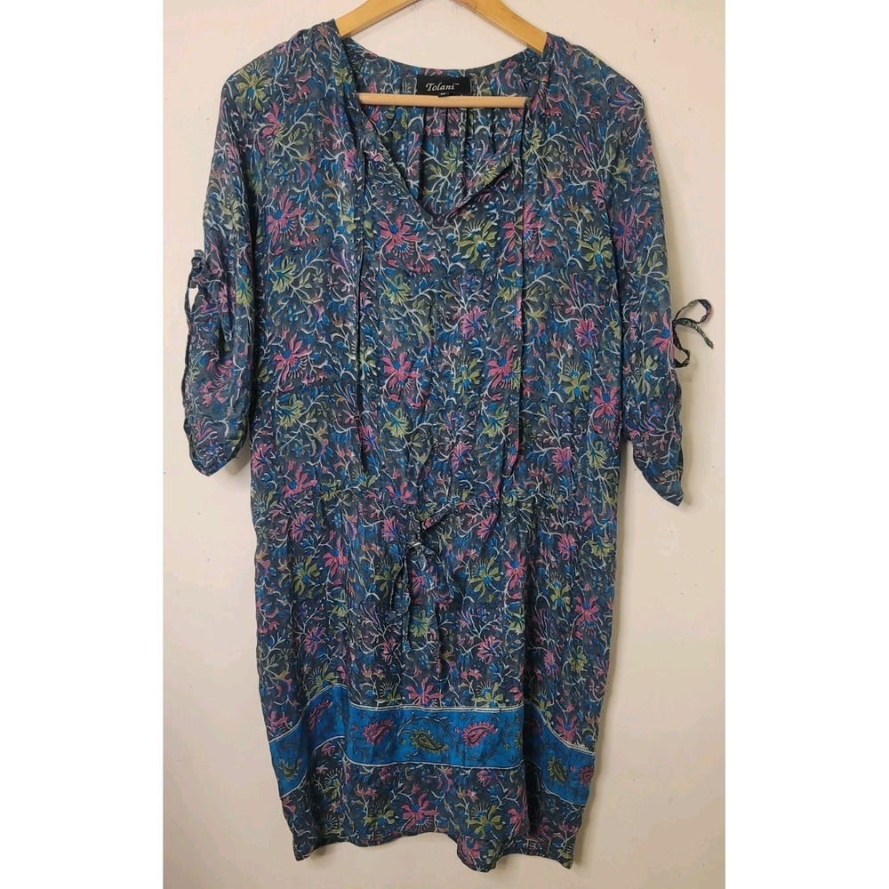 Tolani Dress Women M‎ Silk Floral Long Sleeve Boho Artsy Tunic Mini Drawstring